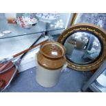 A VICTORIAN MAPLE FRAMED PRINT, CONVEX MIRROR, TWO SHOOTING STICKS AND A LIDDED STORAGE JAR.