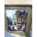 A LARGE DECORATIVE GILT FRAMED TOWNSCAPE, THE FLOWER SELLER. THE FRAME W 77 X H 100CMS.