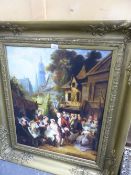 A LARGE DECORATIVE GILT FRAMED TOWNSCAPE, THE FLOWER SELLER. THE FRAME W 77 X H 100CMS.