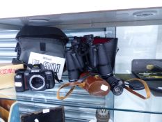 A NIKON F-801 CAMERA, PENTAX BINOCULARS, ZEISS MONOCULAR, ETC.