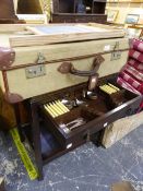 A SMALL OAK CUTLERY TABLE WITH EPNS PART CUTLERY SET, A VINTAGE SUITCASE, AND A GLOBE WASHBOARD.