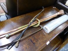A COACHING HORN, SWAGGER STICK, RIDING CROPS, ETC.