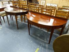 TWO SIMILAR MAHOGANY DEMI LUNE SIDE TABLES. W 137 X D 64 X H 73CMS, AND THE OTHER W 122 X D 60 X H