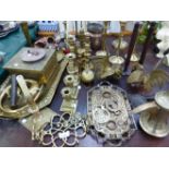 A QUANTITY OF BRASS WARES INC. EASEL, CANDLESTICKS, DESK STAND, ETC.