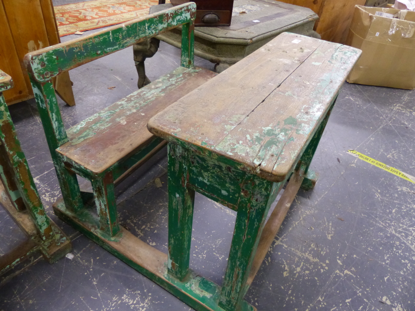 AN INDIAN VINTAGE PAINTED RUSTIC CHILD'S SCHOOL DESK.