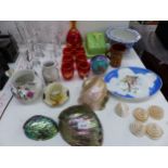VARIOUS MOTHER OF PEARL SHELLS, CHINA AND GLASSWARES, ETC.