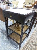 A BLACK PAINTED MARBLE TOPPED OCCASIONAL TABLE. W 43 X D 43 X H 76CMS.