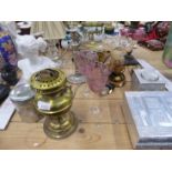 AN EDWARDIAN OIL LAMP, TWO NOUVEAU STYLE ALUMINIUM BOXES, TABLE LAMPS, ETC.