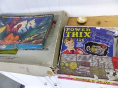 VINTAGE SUBBUTEO CRICKET, 'EXPLORATION' GAME AND POWER TRIX CONSTRUCTION SET.