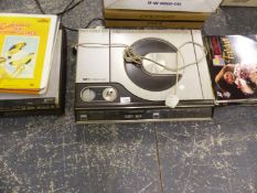 A HITACHI VIDEO LASER DISC PLAYER, A PHILIPS VLP 700 LASER VIDEO DISC PLAYER AND VARIOUS DISCS.