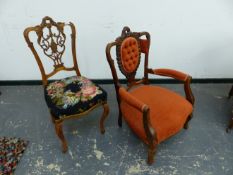 AN EDWARDIAN SHOW FRAME SALON ARMCHAIR, AND A SIDE CHAIR.