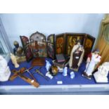 VARIOUS RELIGIOUS FIGURINES, TRIPTYCHS AND ICONOGRAPHY.