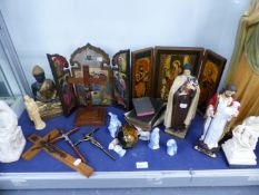 VARIOUS RELIGIOUS FIGURINES, TRIPTYCHS AND ICONOGRAPHY.