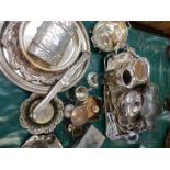 A QUANTITY OF SILVER PLATEDWARES, PEWTER BOWL, ETC.