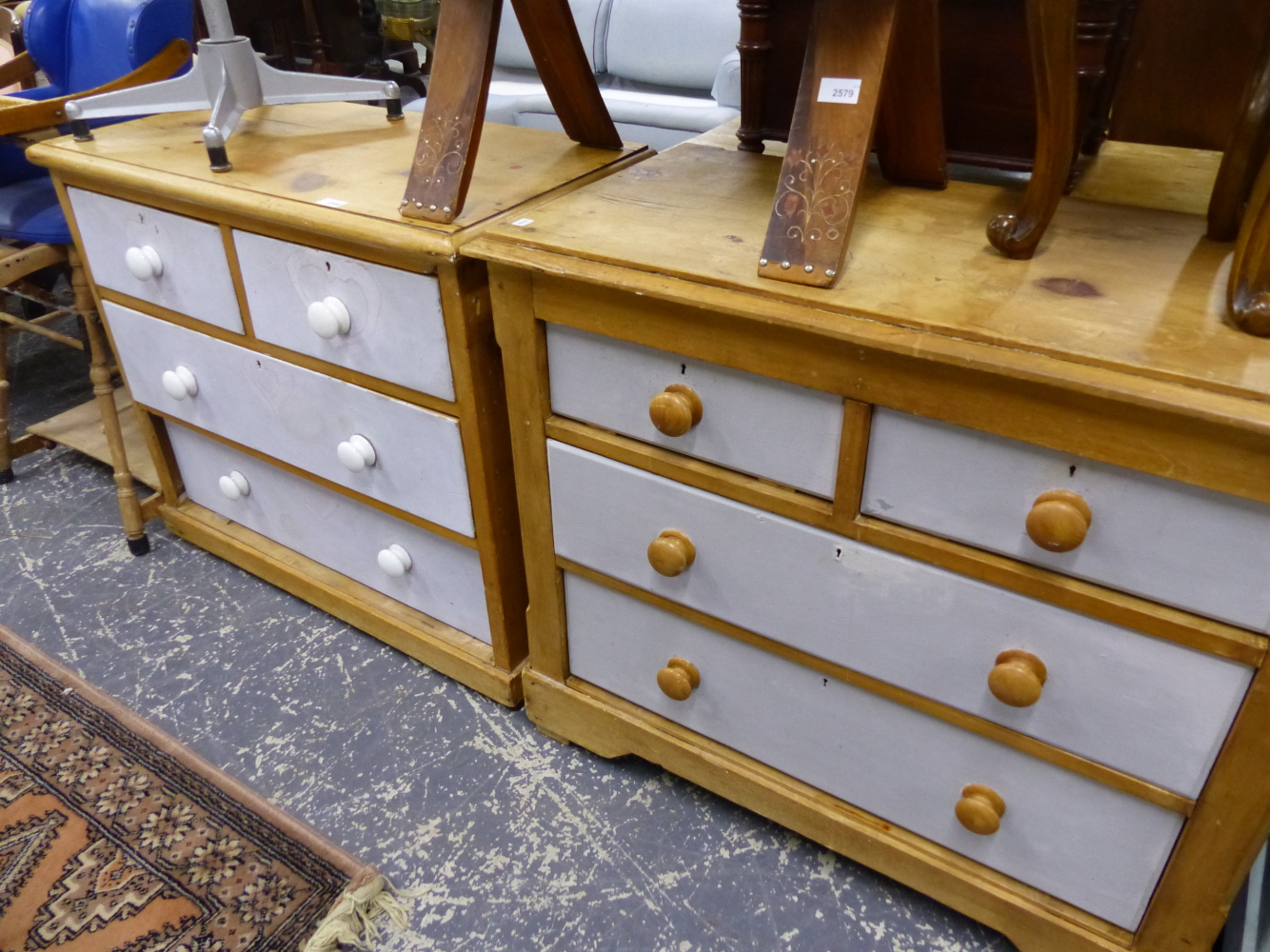 A VICTORIAN PINE CHEST OF TWO LONG AND TWO SHORT DRAWERS TOGETHER WITH A SIMILAR EXAMPLE. 90 X 45