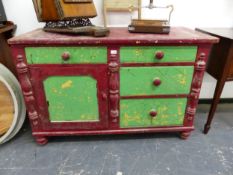 A 19TH C. PAINTED PINE SMALL DRESSER. W 135 X D 62 X H 89CMS.