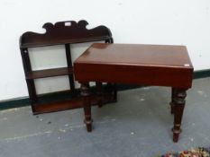 A 19TH C MAHOGANY SMALL WALL SHELF TOGETHER WITH A MAHOGANY BIDET STOOL.