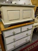 AN ANTIQUE PAINTED PINE CHEST OF DRAWERS, A PINE OTTOMAN, AND A SIDE TABLE. THE CHEST 94 X 49 X