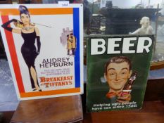 TWO VINTAGE STYLE DECORATIVE WALL SIGNS, BREAKFAST AT TIFFANY'S & BEER.