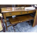 AN EARLY 20th.C. OAK SIDE TABLE WITH TWO DRAWERS, TOGETHER WITH A LEATHER INSET COFFEE TABLE.