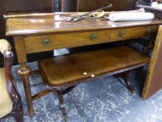 AN EARLY 20th.C. OAK SIDE TABLE WITH TWO DRAWERS, TOGETHER WITH A LEATHER INSET COFFEE TABLE.