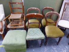 FOUR VICTORIAN DINING CHAIRS, A LADDER BACK CHAIR, AND TWO STOOLS.