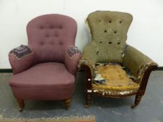 A WILLIAM IV ROSEWOOD SHOW FRAME ARM CHAIR, AND A SIMILAR LATER VICTORIAN ARM CHAIR.