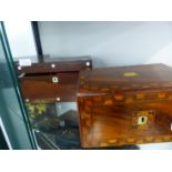 TWO 19th.C. TEA CADDYS AND AN INLAID WORK BOX.