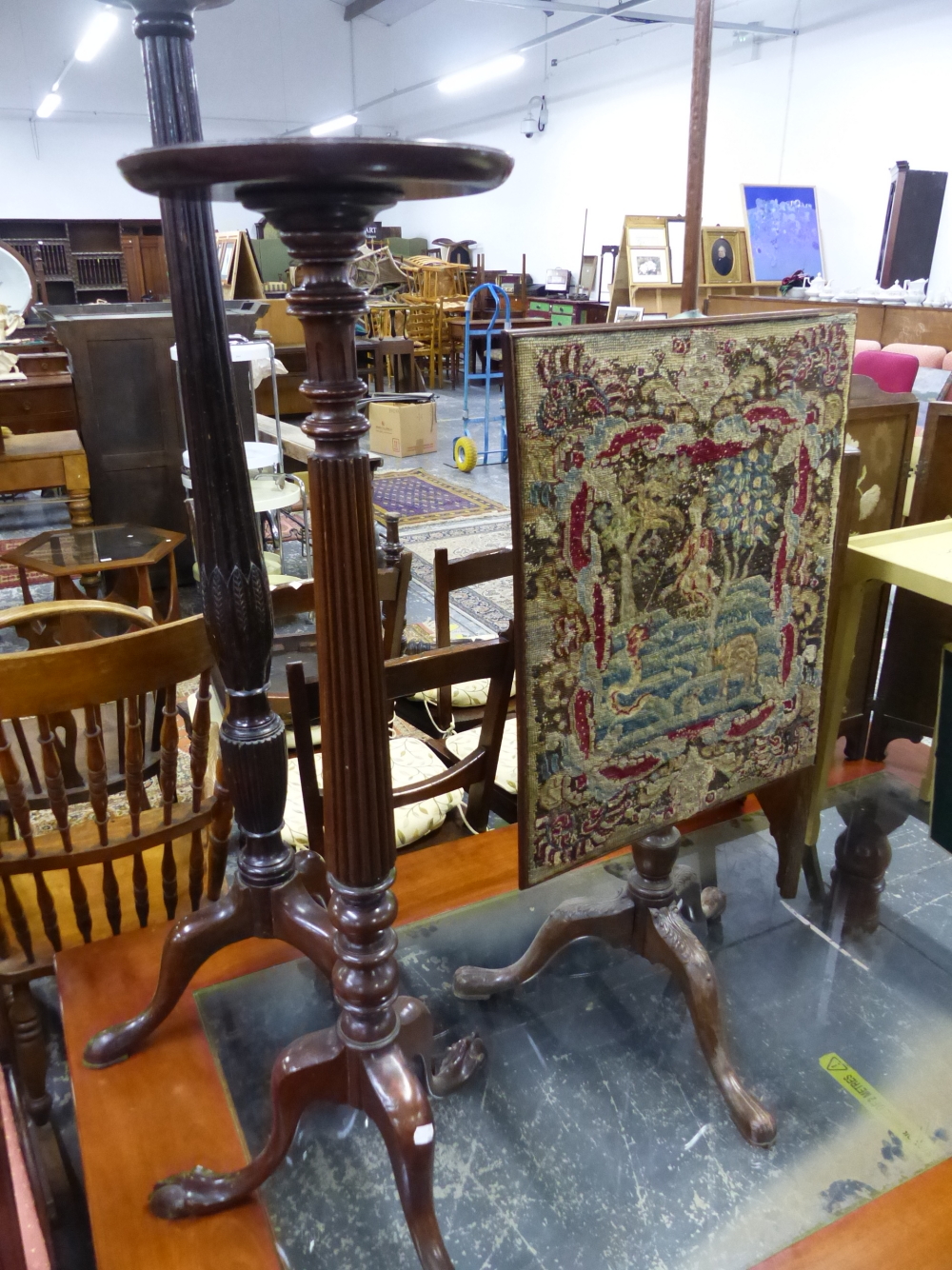 TWO ANTIQUE MAHOGANY TORCHERE ON TRIPOD BASES, A TRIPOD BASED POLE SCREEN AN ORIENTAL LACQUERED