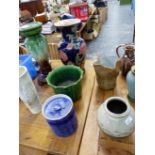 TALL BLUE GROUND VASE, A POTTERY JARDINIERE ON STAND, OTHER VASES, ETC.