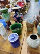TALL BLUE GROUND VASE, A POTTERY JARDINIERE ON STAND, OTHER VASES, ETC.