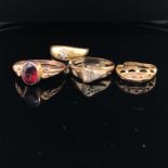 A 9ct GOLD AND DIAMOND VINTAGE FOLD OVER STYLISED RING, FINGER SIZE P, TOGETHER WITH AN OVAL CUT RED