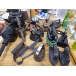 TEN VARIOUS ANTIQUE SMOOTHING IRONS, RAILWAY AND CARRIAGE LAMPS, BOTTLES, ETC.