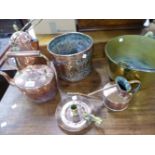 A VICTORIAN COPPER KETTLE AND OTHER COPPER AND BRASS WARES.