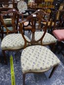 A SET OF THREE EDWARDIAN INLAID SHIELD BACK SIDE CHAIRS.