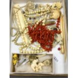 A GRADUATED BRANCH CORAL NECKLACE LENGTH 52cms, TOGETHER WITH A GROUP OF VARIOUS BONE, IVORY AND