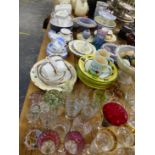 CUT GLASSWARES, FIVE PAPERWEIGHTS AND A LARGE QTY OF DECORATIVE CHINA AND DINNERWARES.