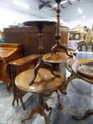 THREE 19th.C. TRIPOD OCCASIONAL TABLES AND A LATER WINE TABLE.