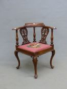 A 19th C. MAHOGANY CORNER DESK CHAIR, THE HOOP BACK ON PIERCED ANTHEMION SPLATS, THE FLORAL