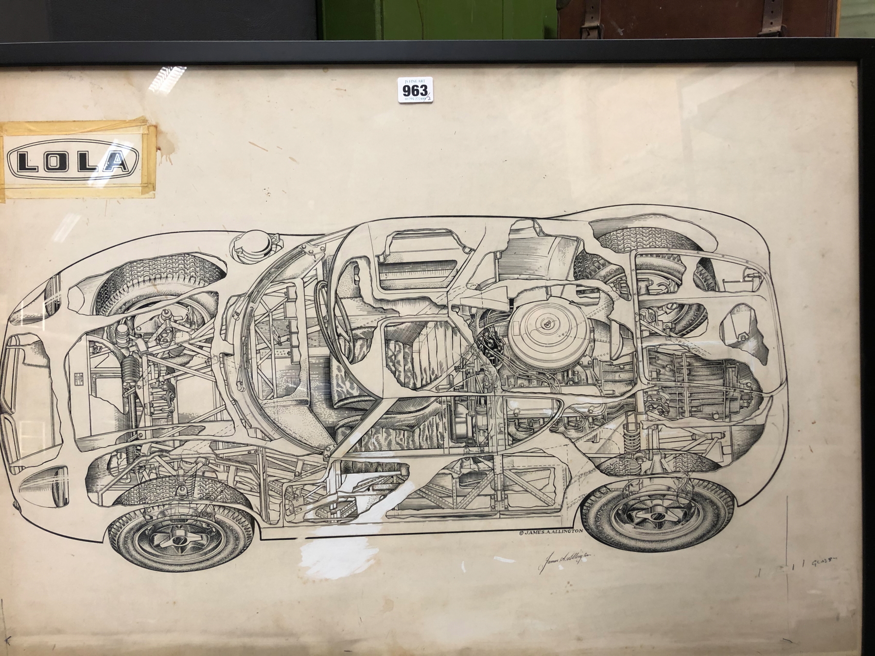 JAMES ALLINGTON, TWO INK CUTAWAY DRAWINGS OF CARS, THE LARGER OF A LOLA, BOTH SIGNED. 53 x 78cms. - Image 6 of 14