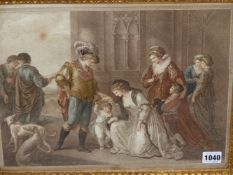 FOUR 18TH /19TH C. AQUATINTS OF SHAKESPEAREAN SCENES, PERIOD GILT FRAMES, LARGEST 35 x 40cms,