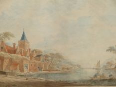 OLD MASTER FLEMISH/DUTCH SCHOOL. RIVERSIDE VILLAGE, WATERCOLOUR. 32.5 x 50cms.