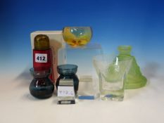 NINE EXAMPLES OF 20th C. GLASS, TO INCLUDE: A PAIR OF WHITEFRIARS INK BLUE VASES. H 7cms. A