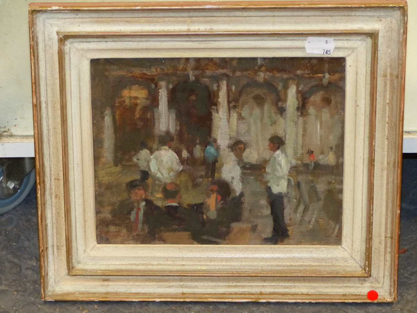BERNARD DUNSTAN (1920-2017). ARR. WAITERS AT FLORIANS, INITIALLED OIL ON BOARD, INSCRIBED VERSO WITH - Image 4 of 5