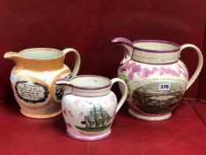 TWO PINK AND AN ORANGE SUNDERLAND LUSTRE JUG PRINTED AND PAINTED WITH THE BRIDGE AND SHIPS UNDER