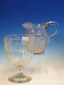 AN EARLY 19th C. CUT CLEAR GLASS BALUSTER JUG TOGETHER WITH A RUMMER SHAPED GLASS ENGRAVED WITH HOPS