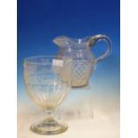 AN EARLY 19th C. CUT CLEAR GLASS BALUSTER JUG TOGETHER WITH A RUMMER SHAPED GLASS ENGRAVED WITH HOPS