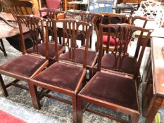 A SET OF SIX CARVED MAHOGANY GEORGIAN DINING CHAIRS. PIERCED GOTHIC REVIVAL SPLATS, PAD SEATS.