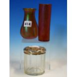 TWO LOETZ TYPE IRIDESCENT GLASS VASES, THE TALLER CYLINDRICAL. H 14cms. TOGETHER WITH A CHESTER