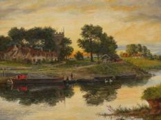 P.KILNER (EARLY 20th.C. ENGLISH SCHOOL). 'A RIVERSIDE VILLAGE, OIL ON CANVAS. 51 x 77cms.